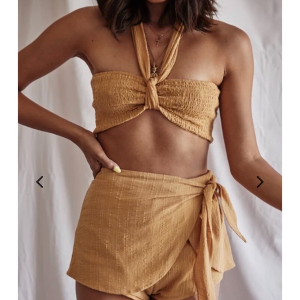 Shop Luna B ruffled crop top tube top gold yellow mustard